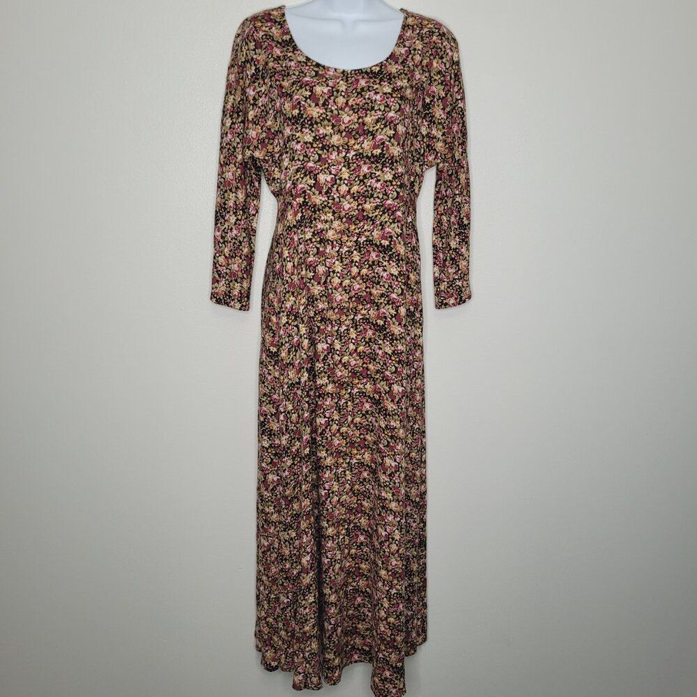 Vintage 90s dark moody floral long sleeve modest trad wife dress size 13/14